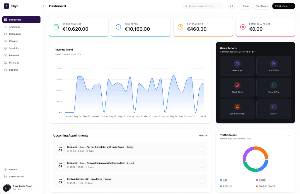 Skye dashboard showing a salon's day schedule, clients and payments